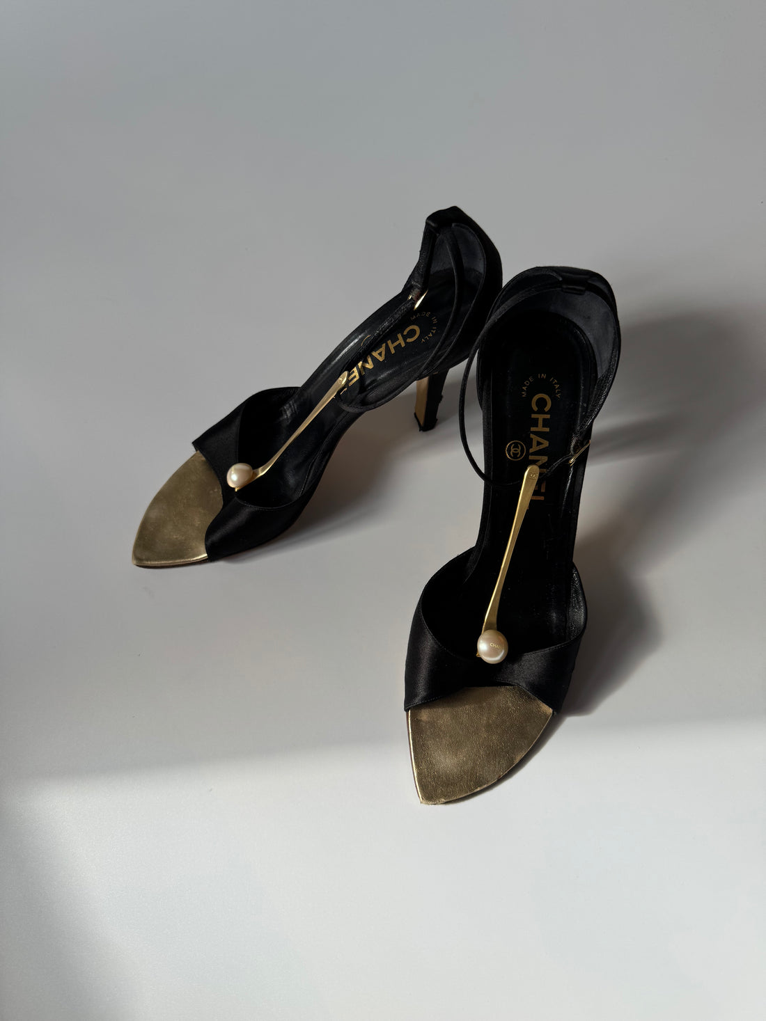 2000s Chanel Vintage Black Satin & Gold Pearl Detail Sandals Size 37.5 UK 4