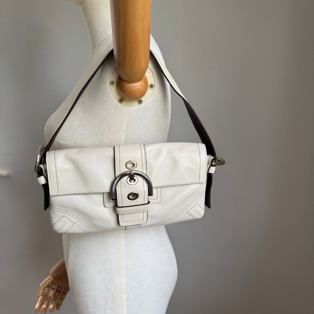 Coach White Leather Baguette with Oversized Buckle