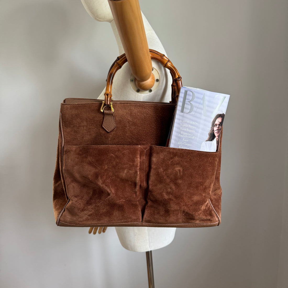 Vintage Gucci Brown Suede Bamboo Handle Bag