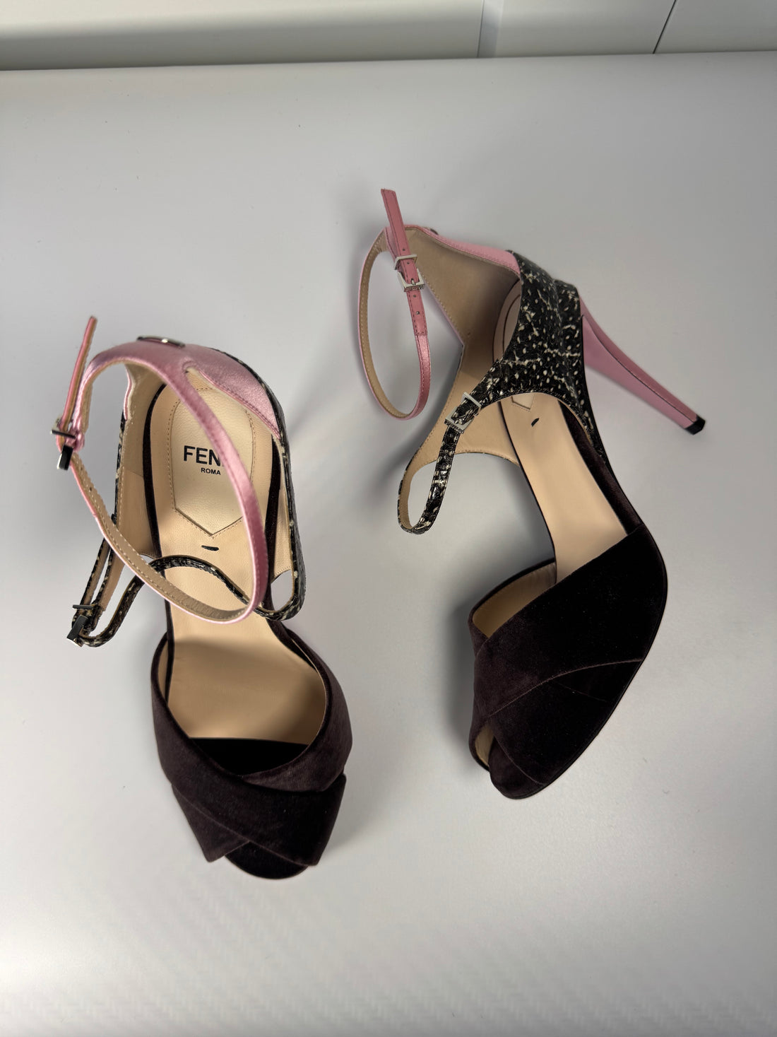 Fendi Multicolor Python Embossed Leather and Velvet Ankle Strap Sandals (size 38)