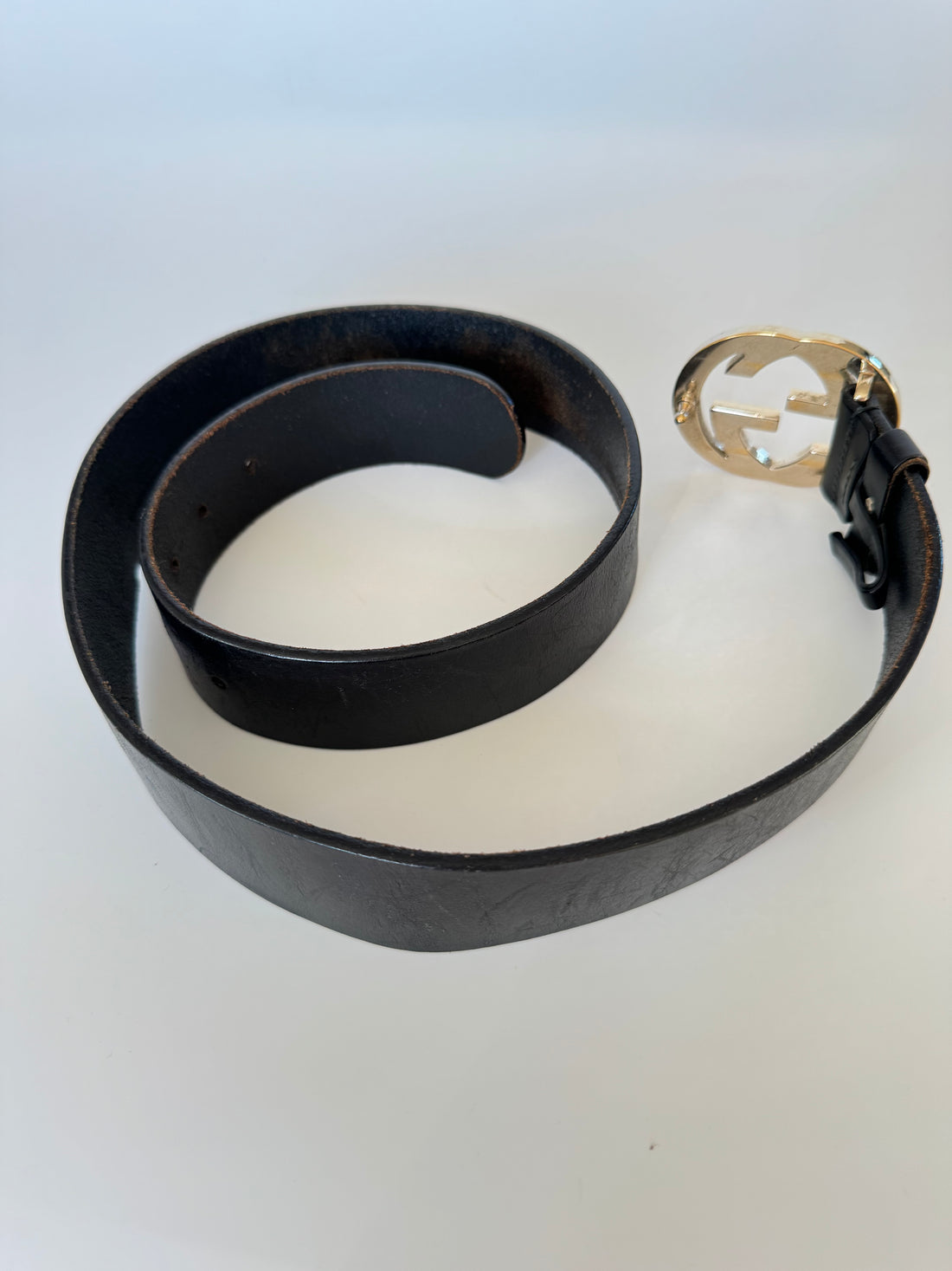 Gucci GG Logo Leather Belt Black Gold Buckle Vintage