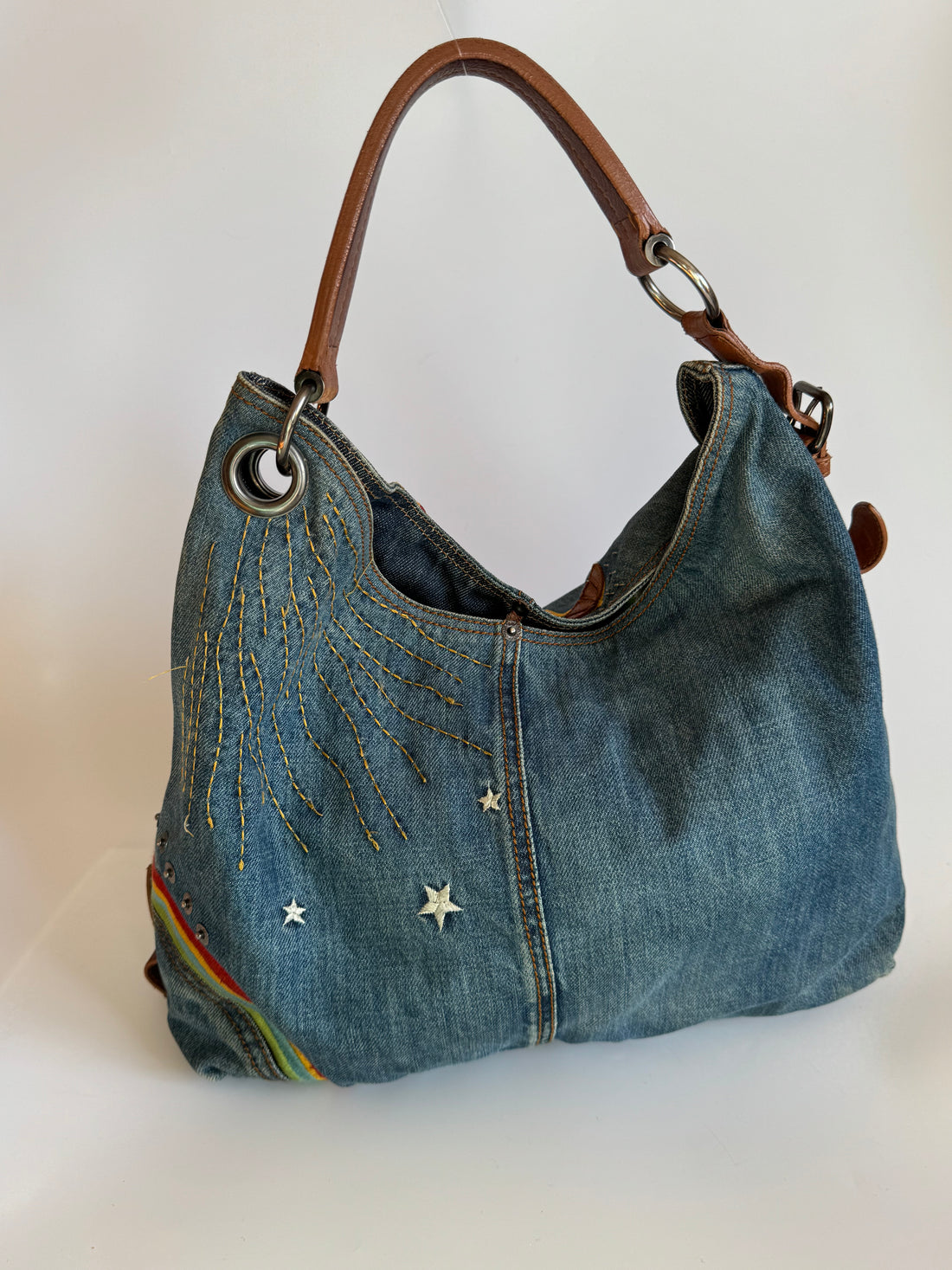 Miu Miu Embroidered Denim Shoulder Bag