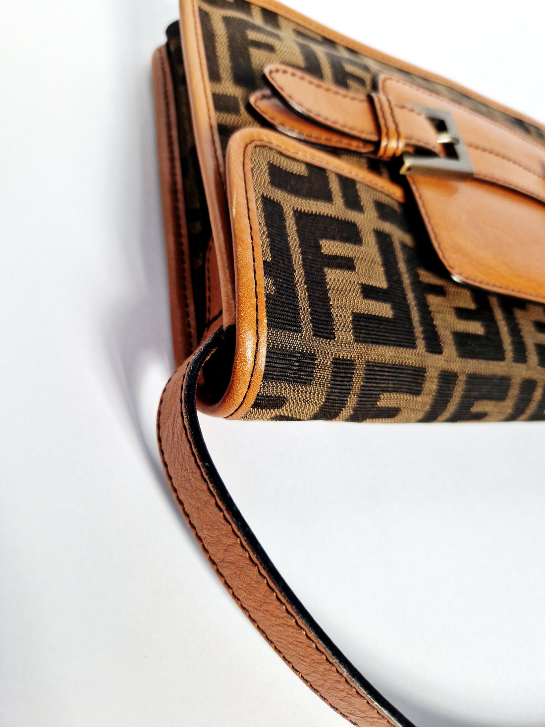 Vintage Fendi Zucca Canvas Shoulder Bag – Double Buckle Flap (c. 1998–2002)