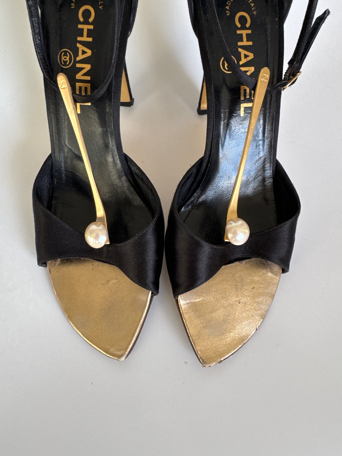 2000s Chanel Vintage Black Satin & Gold Pearl Detail Sandals Size 37.5 UK 4