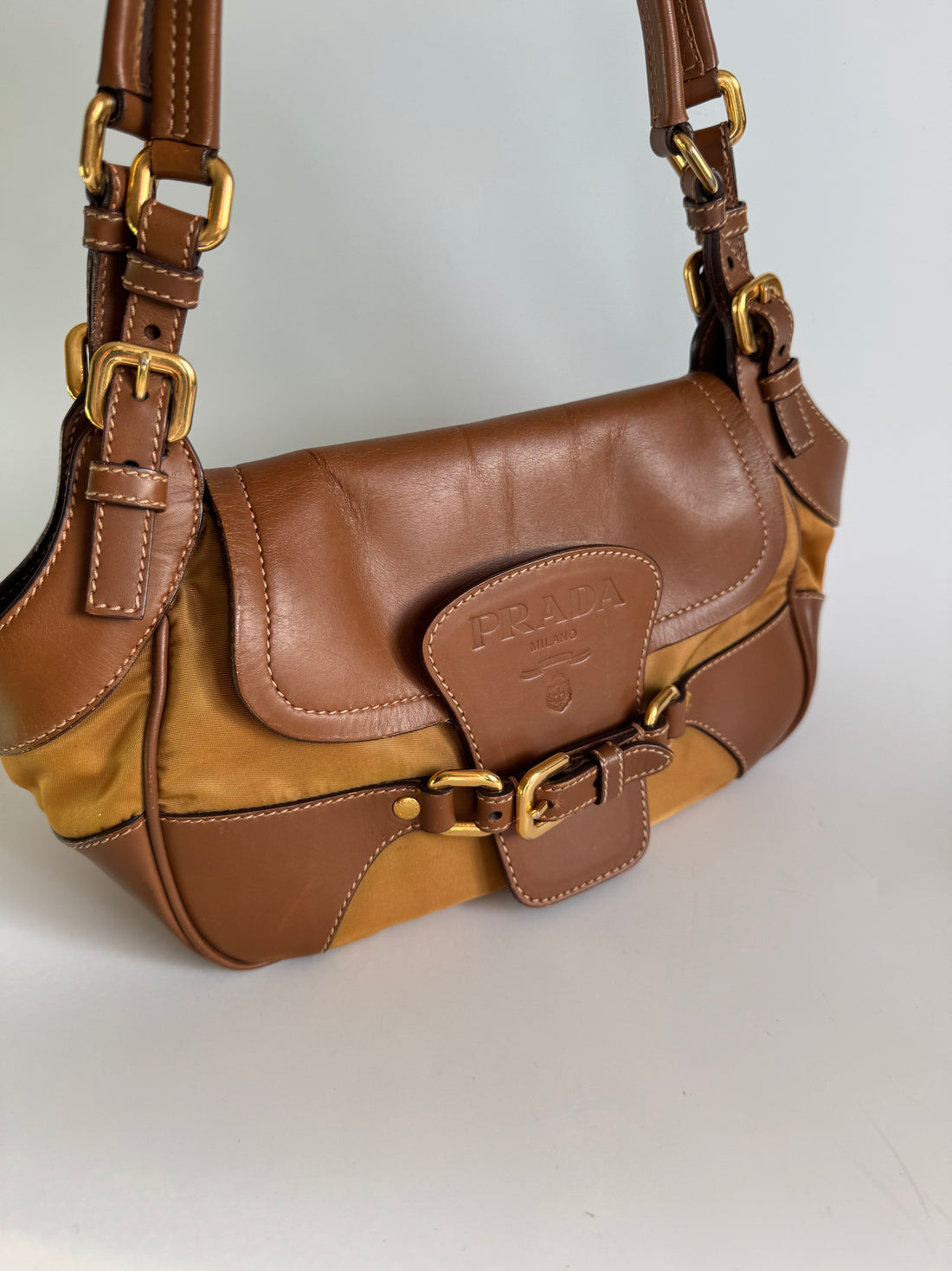 Prada Camel Nylon and Dark Brown Leather Bag