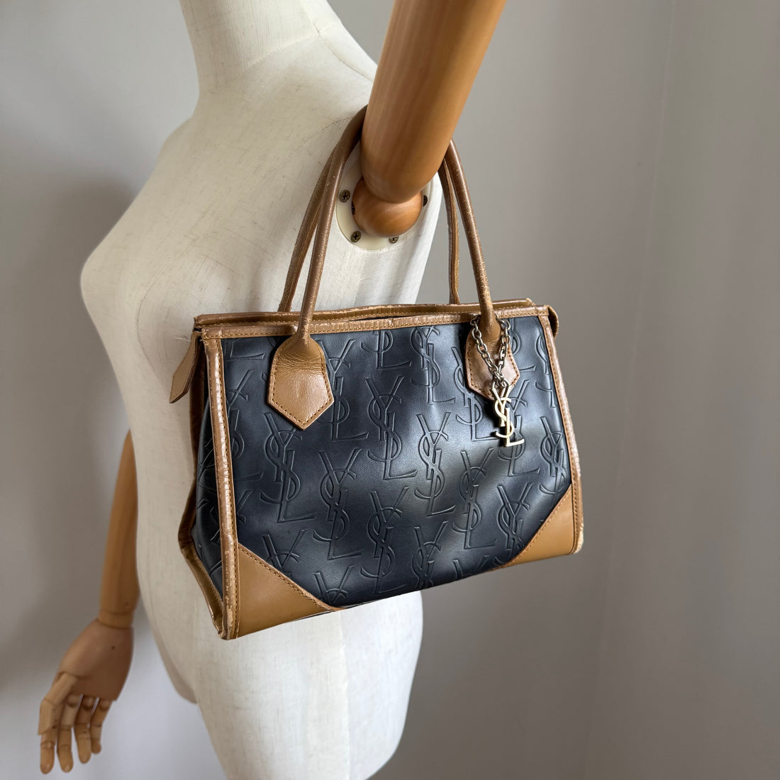 1990s Yves Saint Laurent Vintage Black Embossed Leather Tote Bag