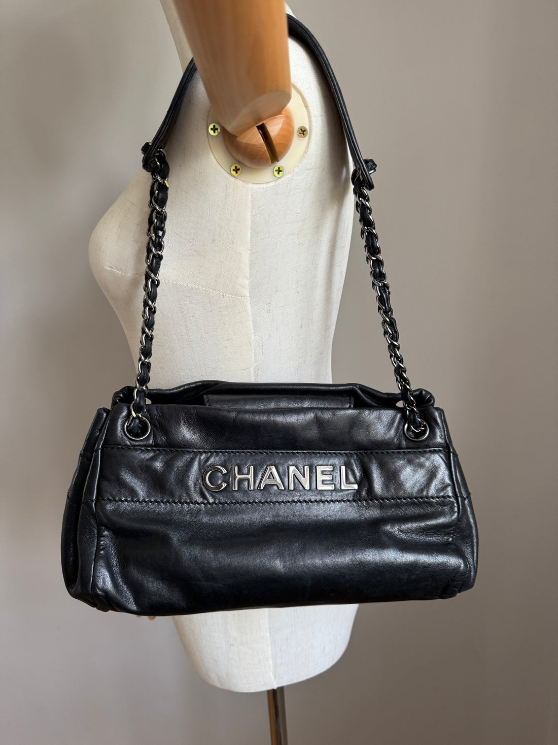 Rare Chanel Logo Shoulder Bag in Black Lambskin Leather