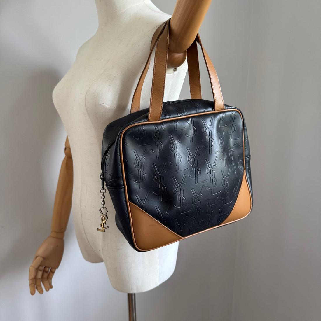 1990s Yves Saint Laurent Black Embossed Leather Top Handle Bag