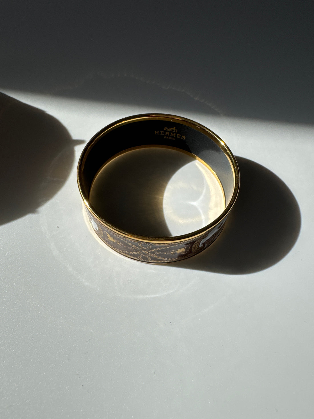 Hermès Enamel Bangle Bracelet – Equestrian Motif in Gold & Brown