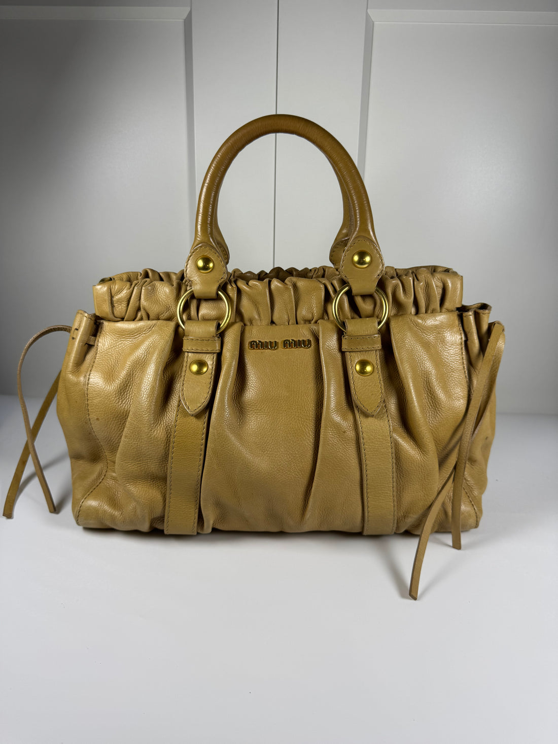 Miu Miu Vitello Camel Calfskin Leather Two Way Bag