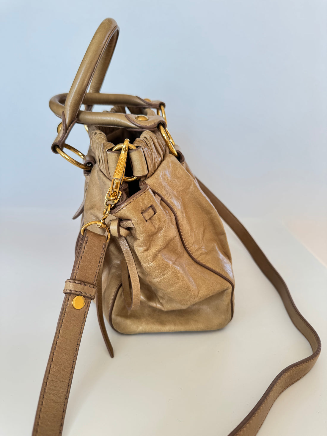 Miu Miu Vitello Camel Calfskin Leather Two Way Bag