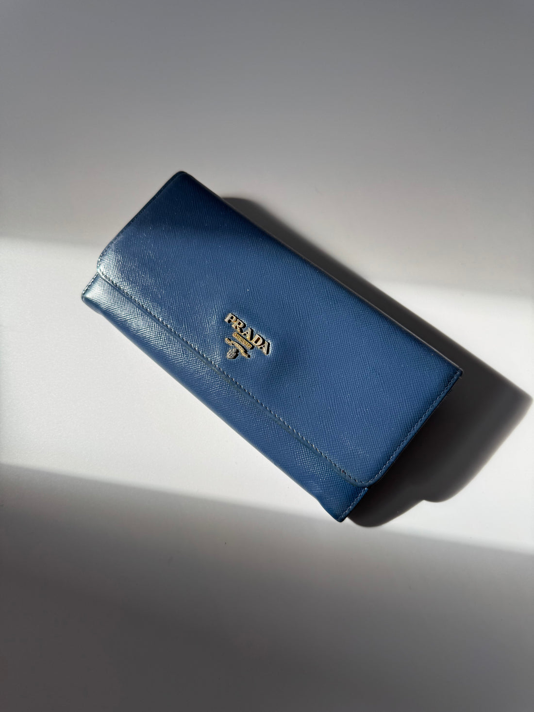 Prada Vintage Blue Saffiano Leather Wallet with Gold Logo