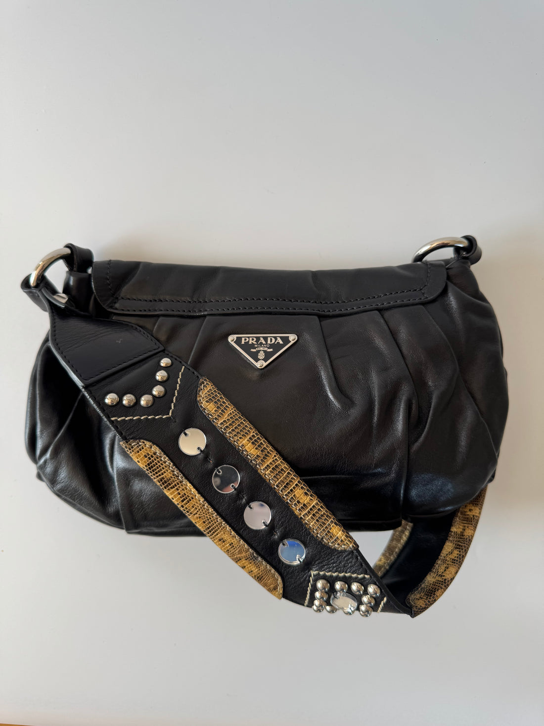 Prada Skipper Lizard Trim Shoulder Bag Black
