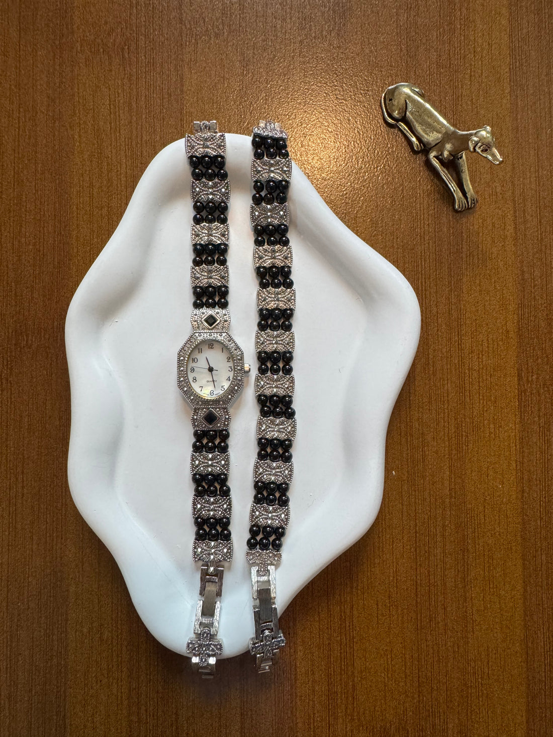 Vintage-Style Avon Silver Tone Black Onyx Beaded Bracelet Watch