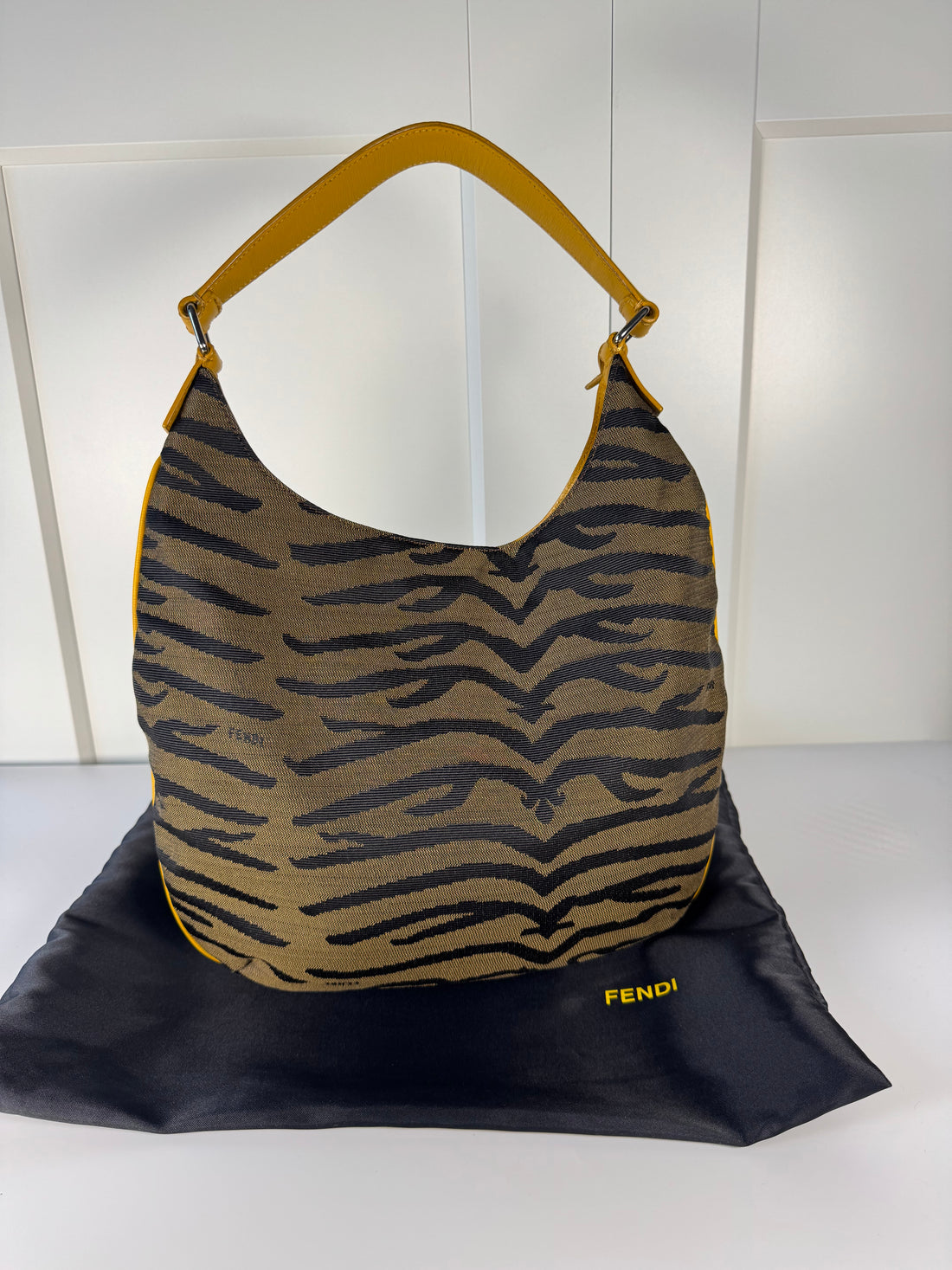 2000s Fendi Tiger Jacquard Canvas Shoulder Bag – Brown / Mustard