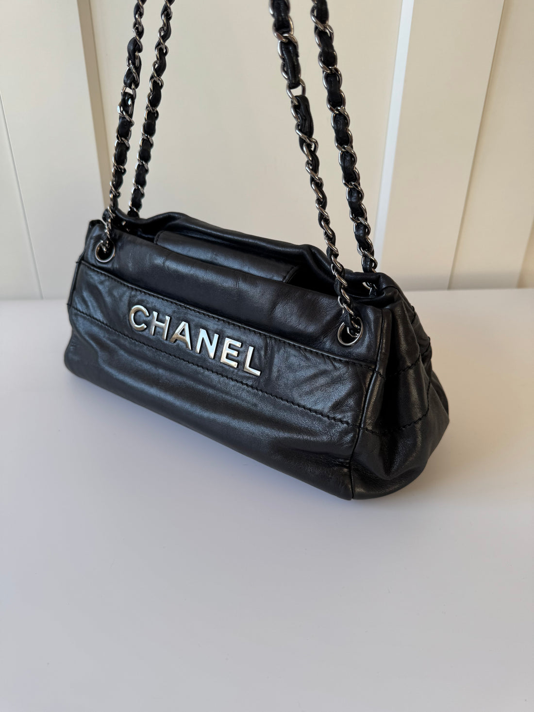 Rare Chanel Logo Shoulder Bag in Black Lambskin Leather
