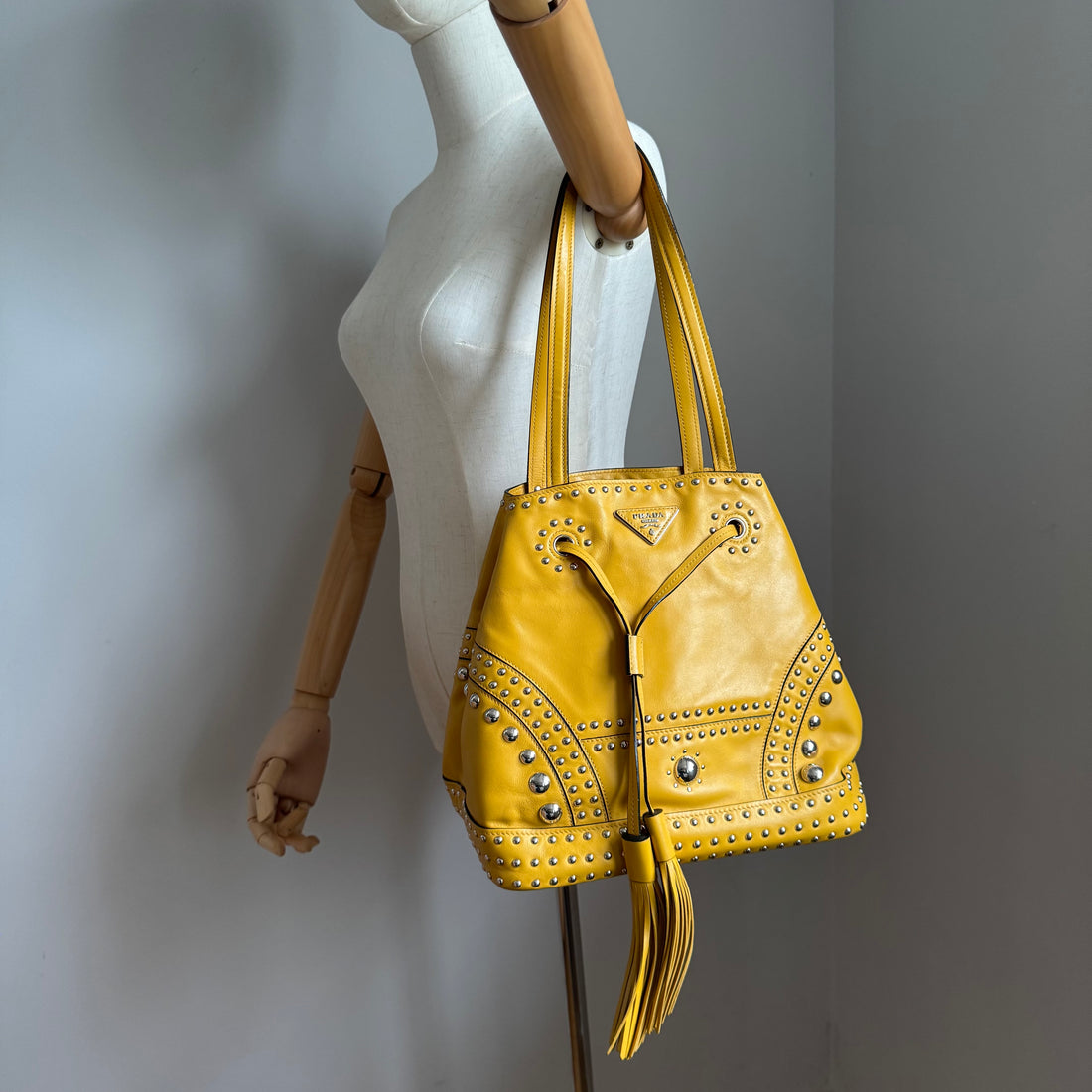 Prada Yellow Studded Bucket Bag