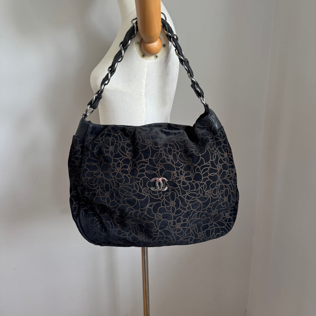 2000s Chanel Camellia Suede Hobo Bag