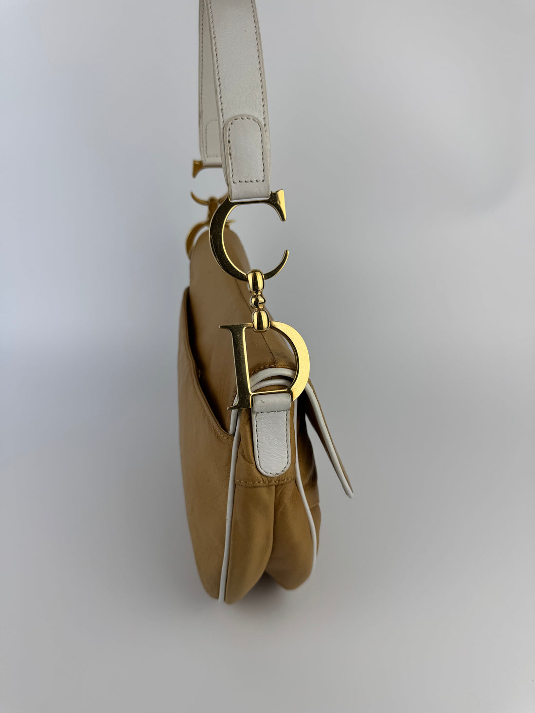 Christian Dior Vintage Saddle Bag in Beige & White Leather