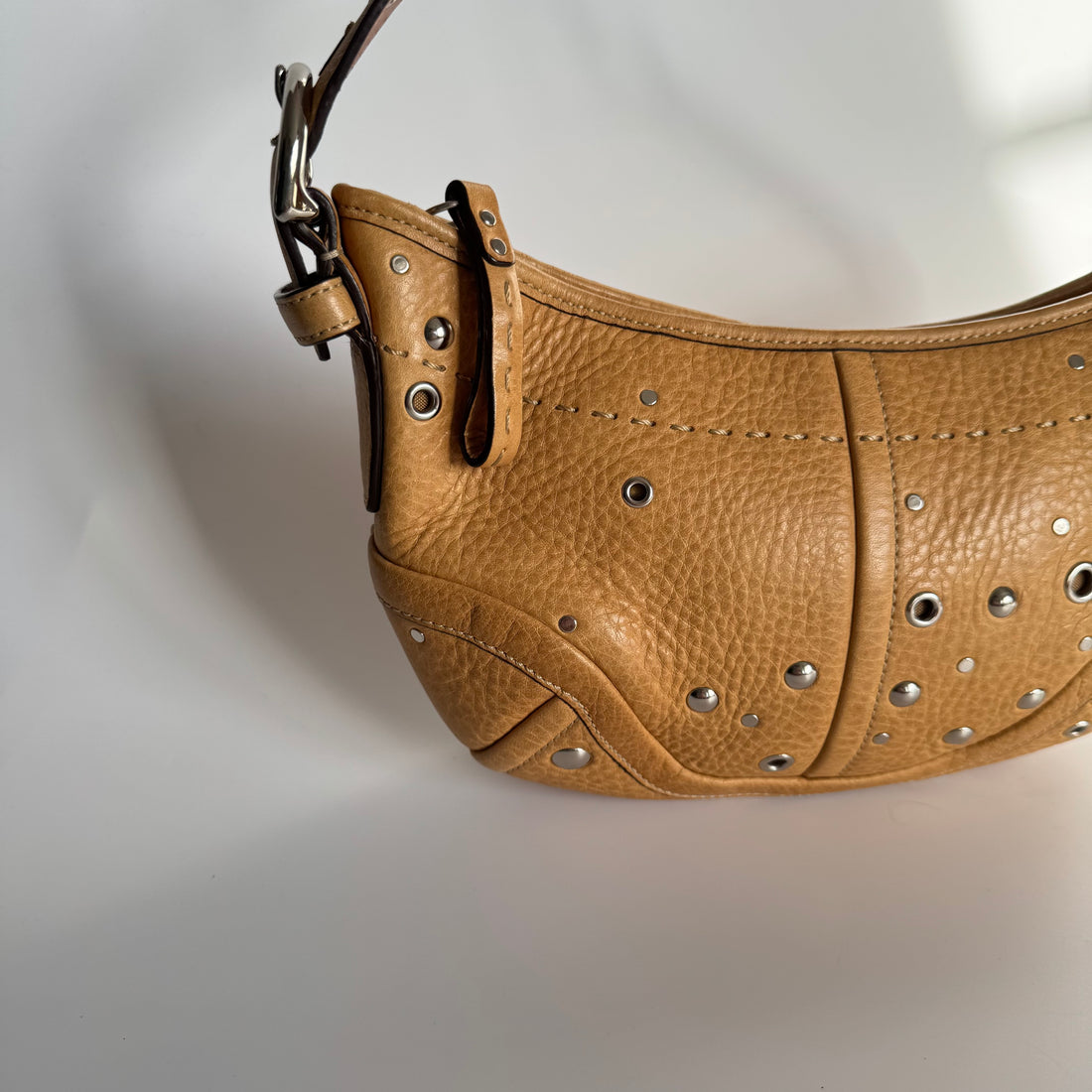 Coach Tan Pebbled Leather Shoulder Bag with Stud Detail