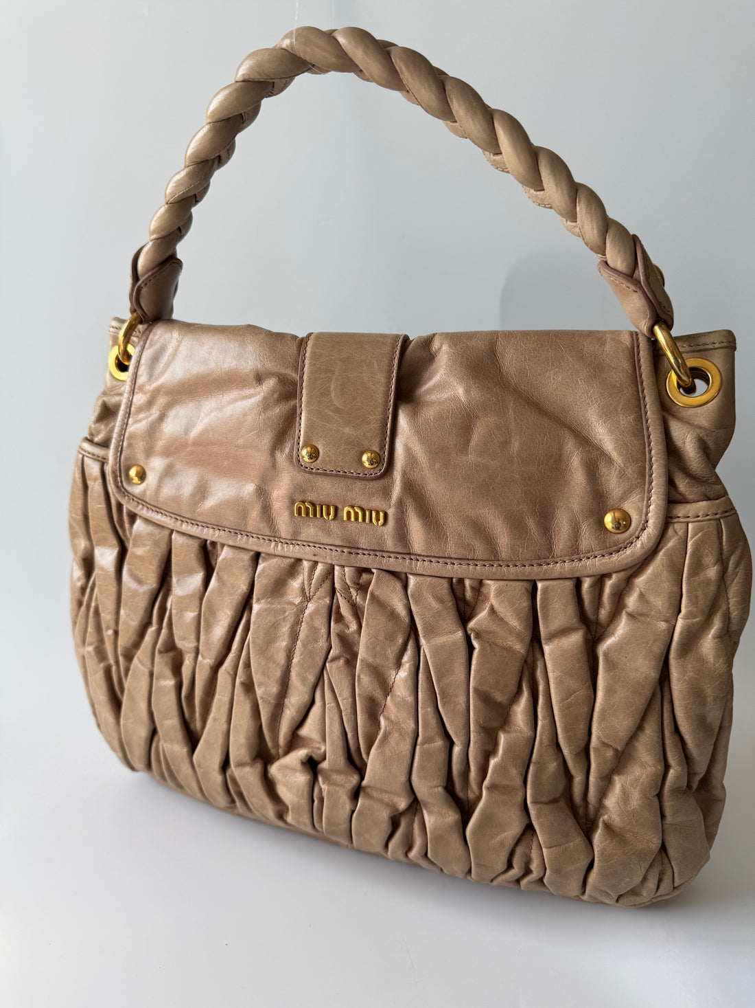 Miu Miu Coffer Matelassé Leather Shoulder Bag Beige