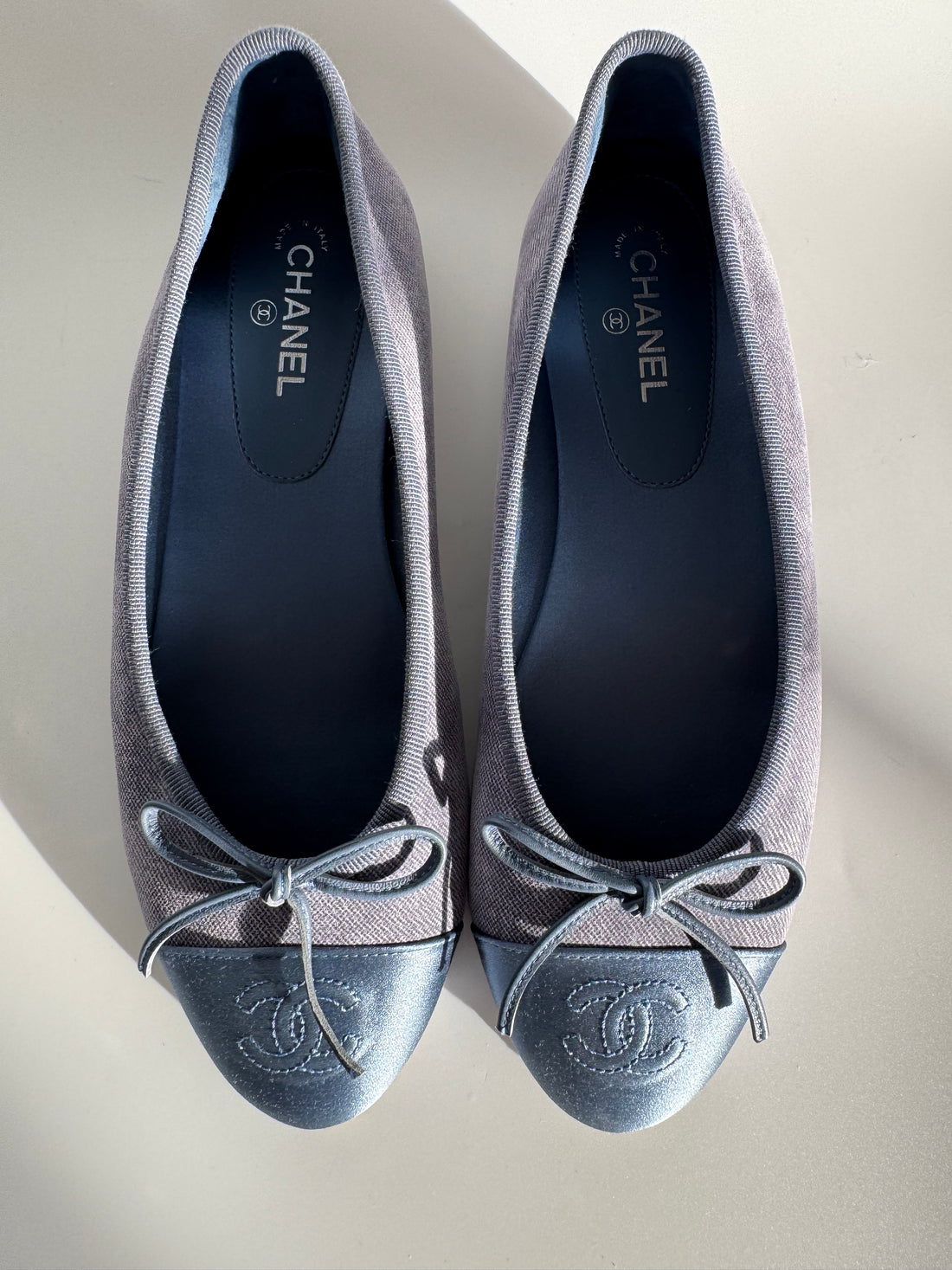 Authentic Chanel Satin Denim Ballet Flat, Blue (36.5)