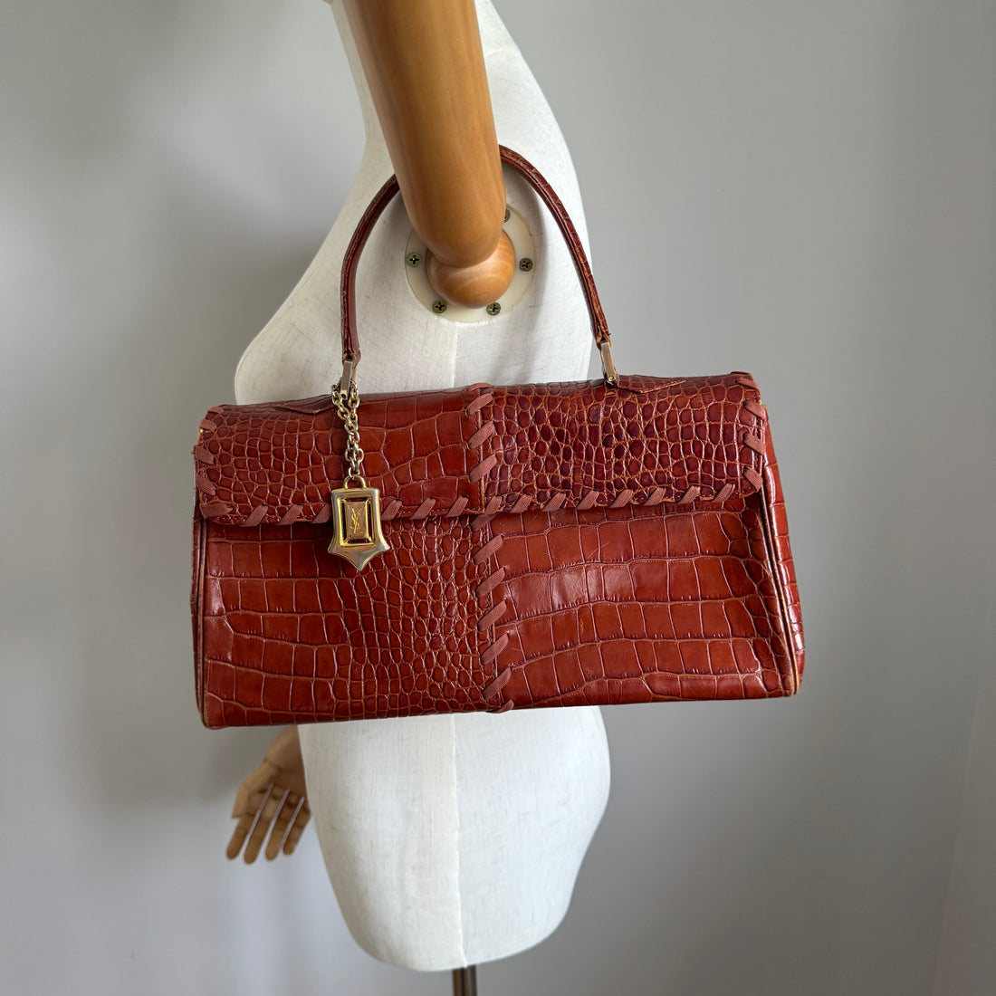 Rare YSL Vintage Burgundy Croc-Embossed Leather Handle Bag (c. 1980s)