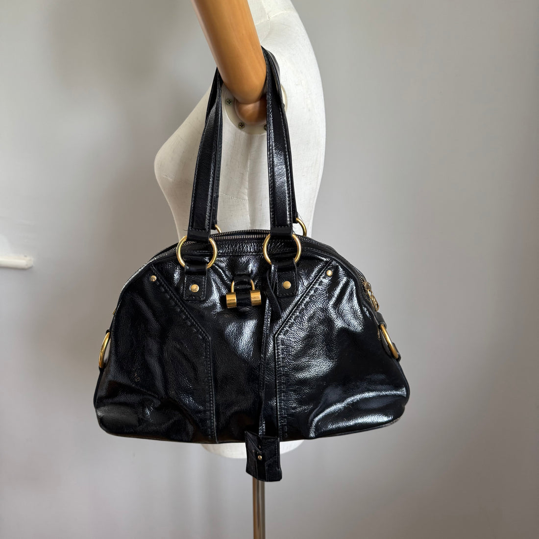 2000s Yves Saint Laurent  Black Patent Leather Muse Bag