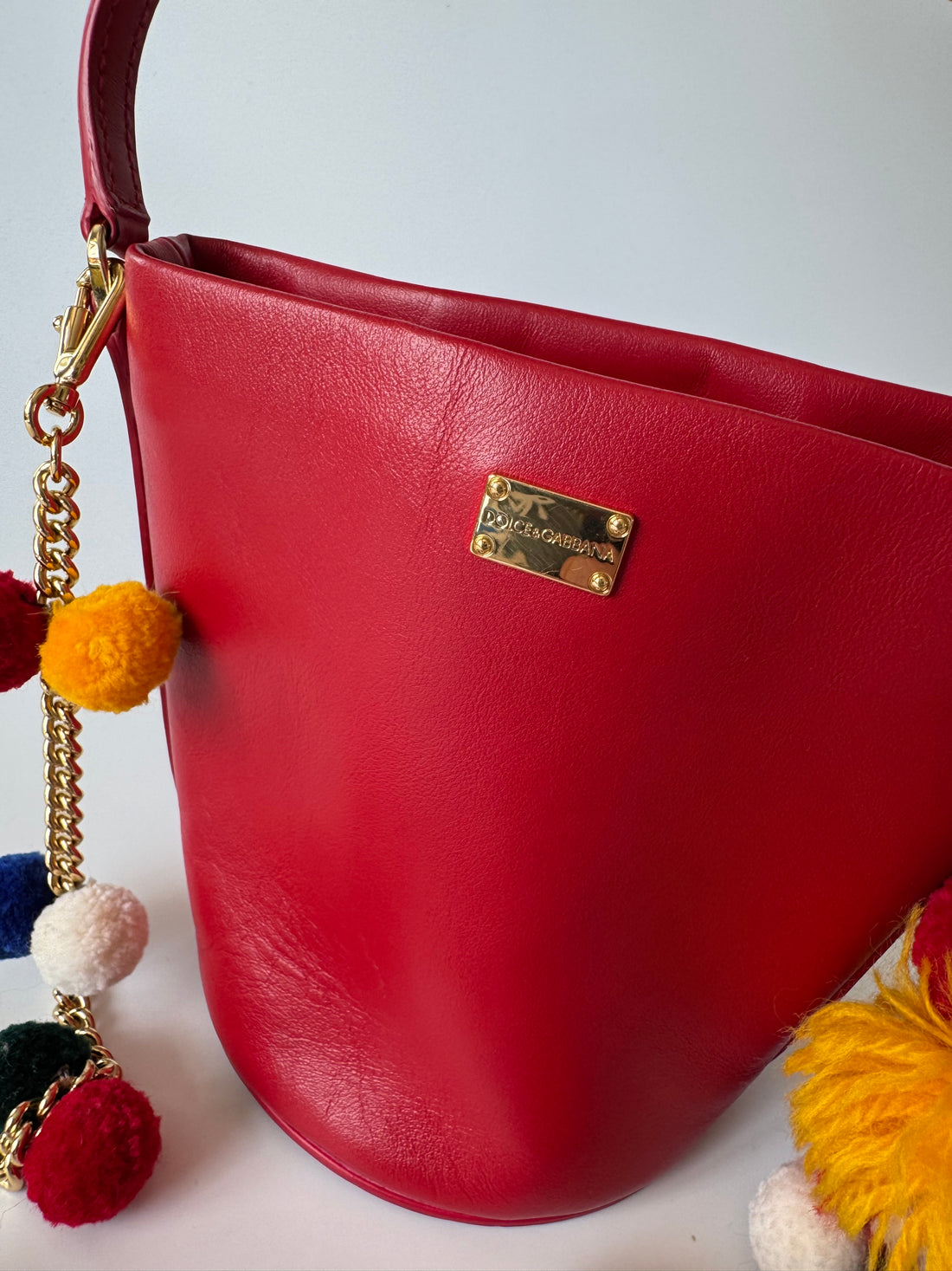Dolce & Gabbana Bucket Bag Red Pom Pom Strap