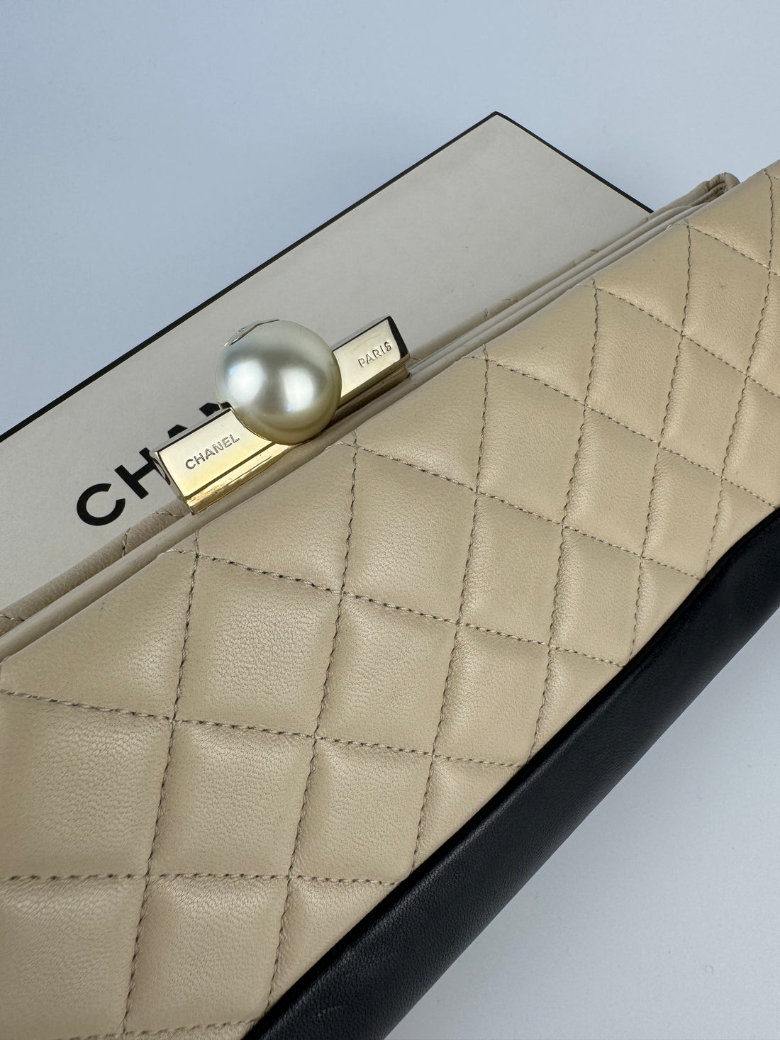 Chanel Beige & Black Quilted Leather Pearl Clutch