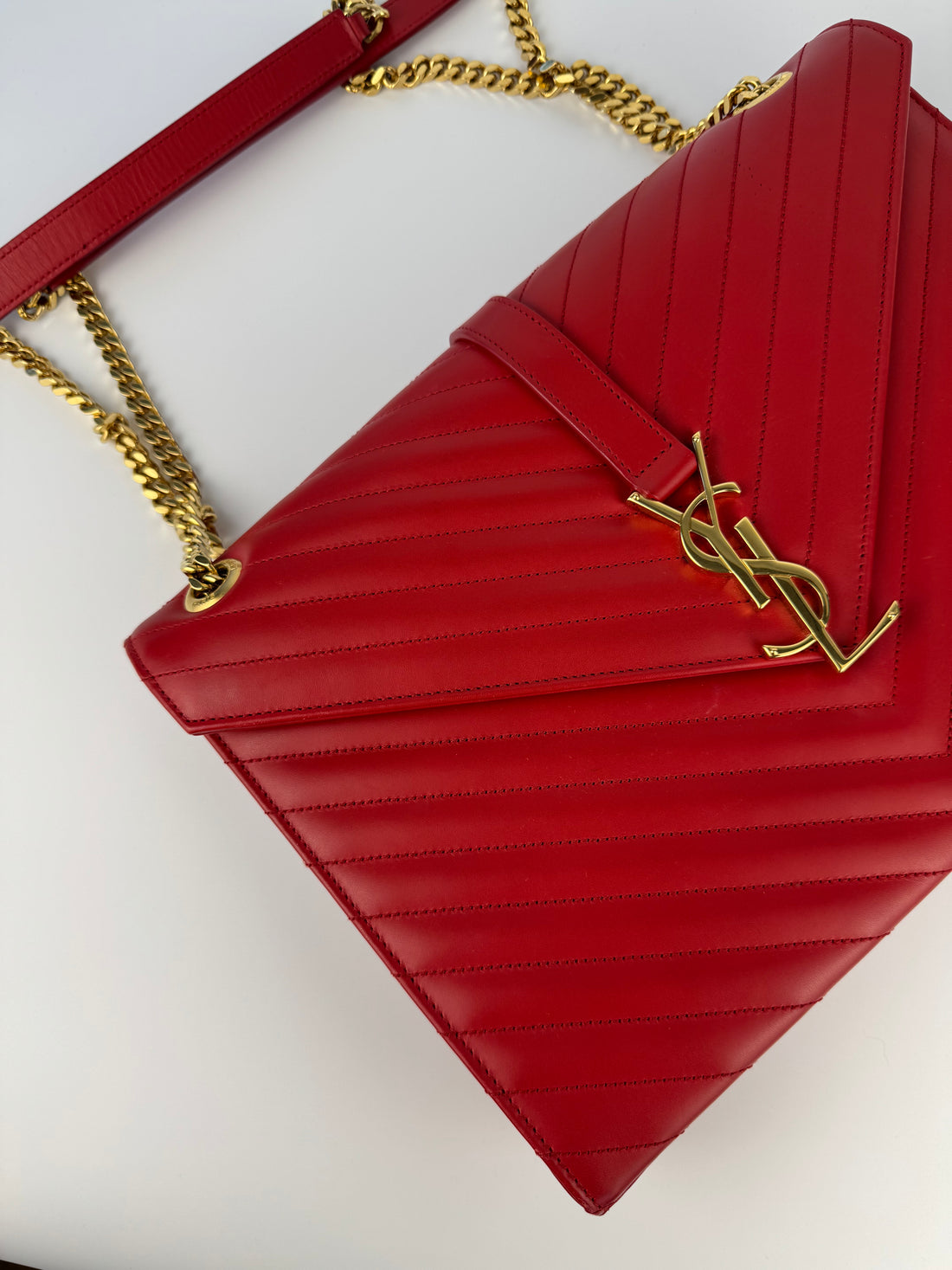 Saint Laurent Red Chevron Monogram Envelope Chain Bag
